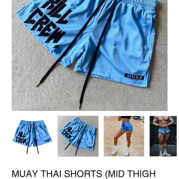 Kill Crew XS MUAY THAI SHORTS (MID THIGH CUT) BANDANA - CREAM / BLACK and BLUE - Picture 6 of 6